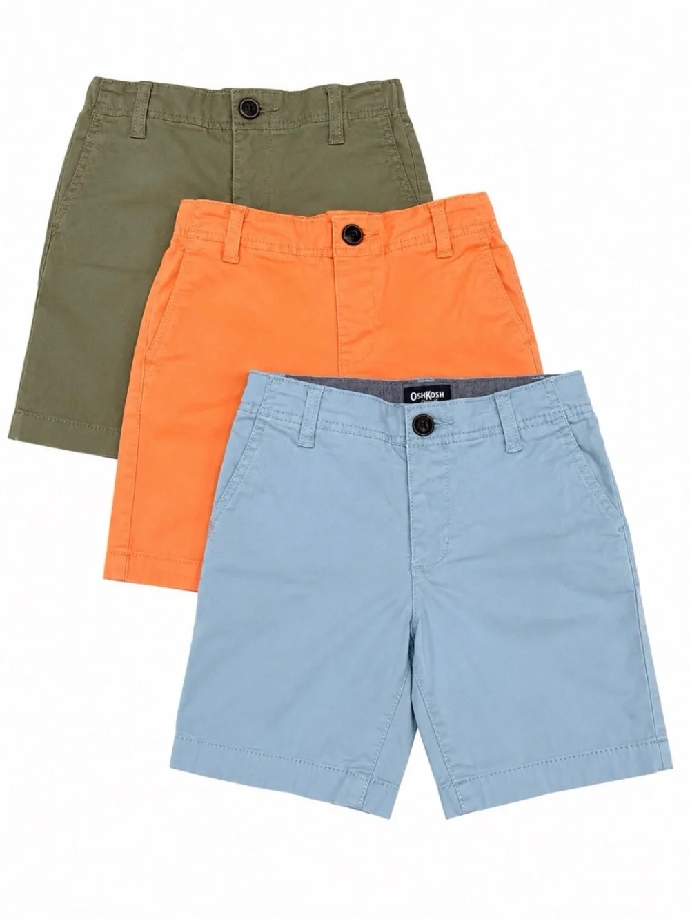 OshKosh Boys 3 Pair Chino Cotton Shorts - Blue, Coral and Olive.       Size 5/5A